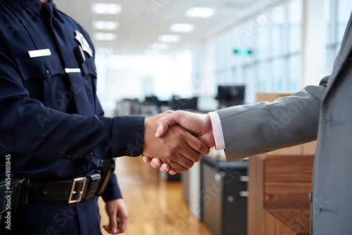 Law enforcement officer and businessman shaking hands in agreement and partnership