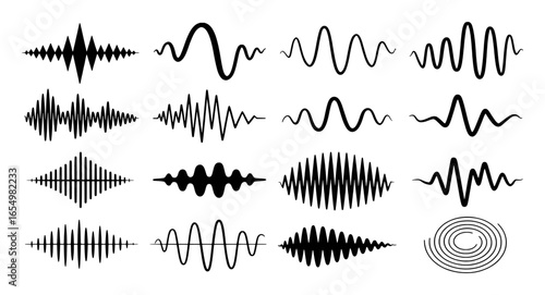 Sixteen Black Sound Wave and Spiral Graphics on White Background audio signal