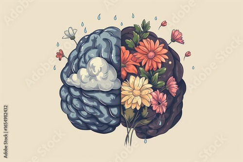 Vector illustration of an abstract floral brain pattern design with nature, vintage, and spring elements