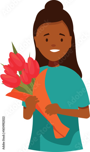 Young girl happily holding a bouquet of red tulips, celebrating a special occasion or expressing love and appreciation