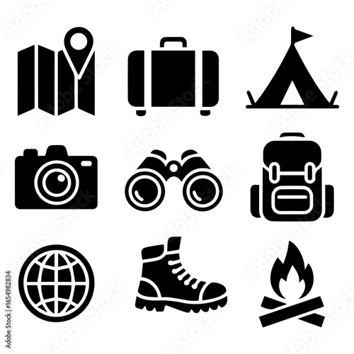 Icon set of essential travel items, perfect for various travel-related designs and concepts