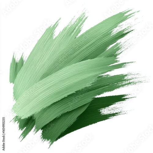 Abstract green brushstrokes on white background close up studio shot of paint texture and artistic design element