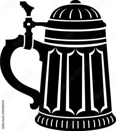 A black and white vector image of a beer stein with a handle and a lid on a white background design