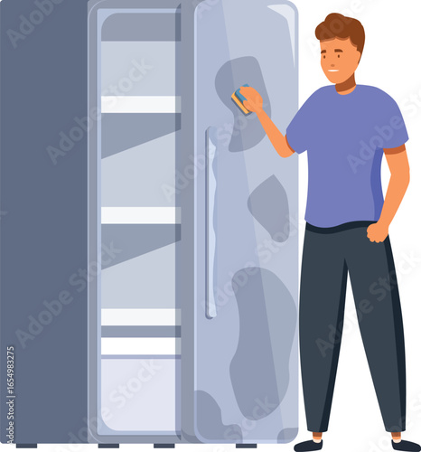 Janitor meticulously cleaning a refrigerator, ensuring a spotless and hygienic kitchen environment