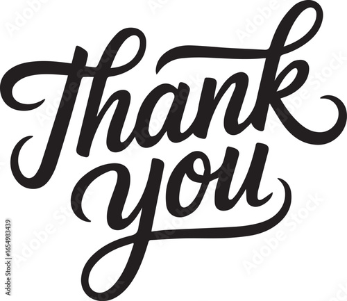 decorative cursive thank you typography vector with ornate script lettering, black text on white background for branding projects