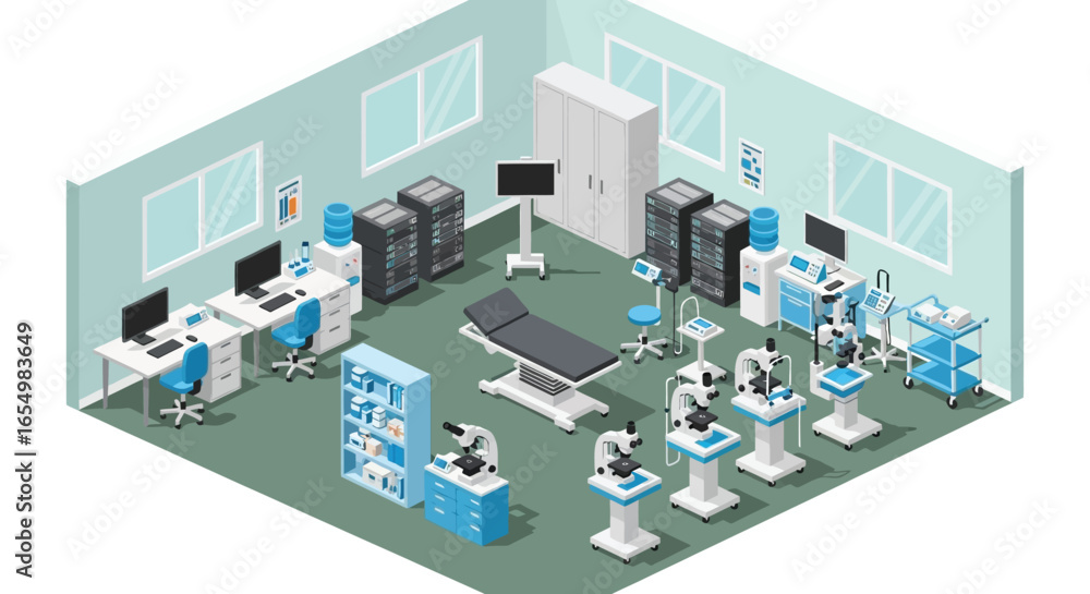 Obraz premium Isometric medical lab equipment and furniture vector illustration