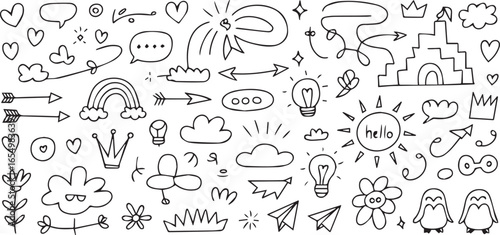 cute black and white line art doodles including light bulbs flowers paper airplanes and penguins vector ai eps png