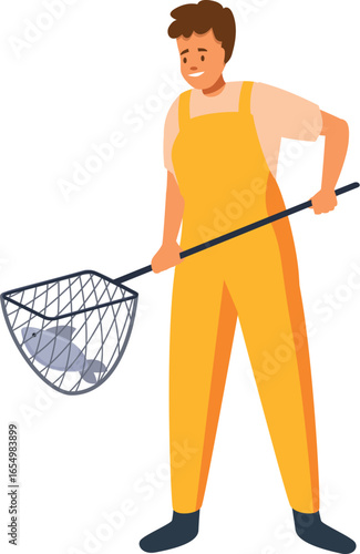 Fisherman wearing yellow overalls holding fishing net with fish, representing fishing industry, aquaculture and seafood production