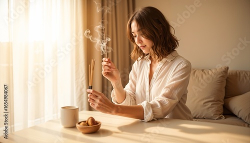 woman lighting incense near window