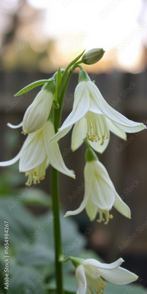 Obraz premium Delicate white bell shaped flowers bloom on a green stem in soft natural light