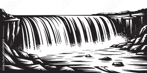 bold graphic waterfall vector with lineart illustrating cascading streams and splash effects over rocky cliff backdrop