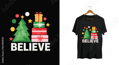 Festive Christmas Tree and Gifts Believe Design