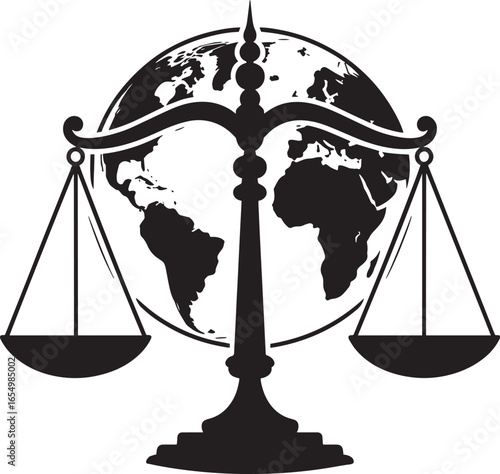 Scales of Justice with Globe Vector Illustration Symbolizing Global Law and Equality