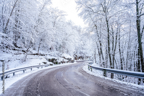 Beautiful road winter landscape with snow on the trees