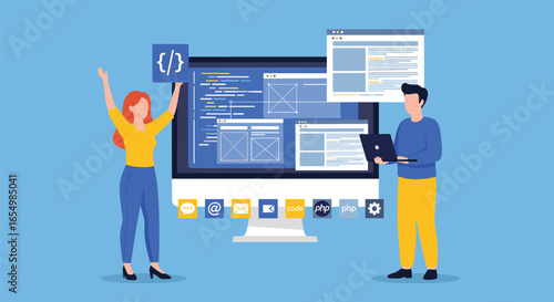 Creative professionals building modern software applications together on a computer