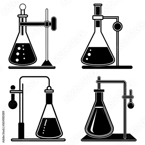 Four black and white illustrations of laboratory flasks in different setups with stands and liquid inside