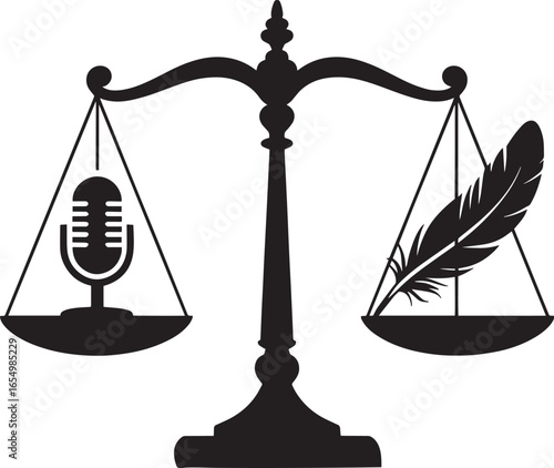 Scales of Justice with Microphone and Quill Pen Symbolizing Free Speech and Expression Rights