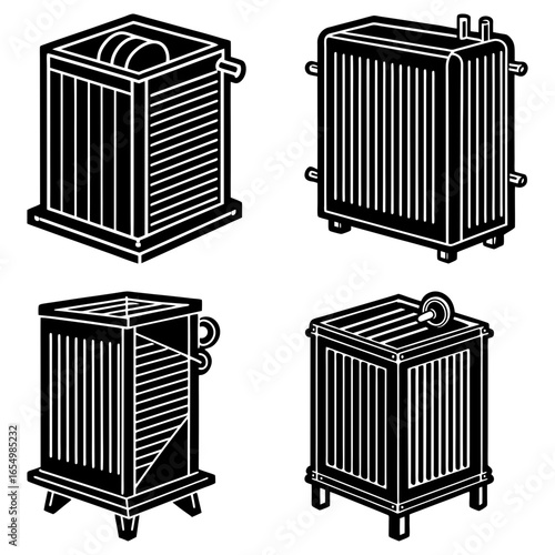 Four isometric illustrations of various radiators with different designs in black and white style