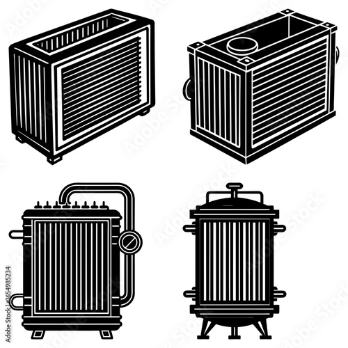 Illustration showing four different industrial heaters with various designs in black and white style