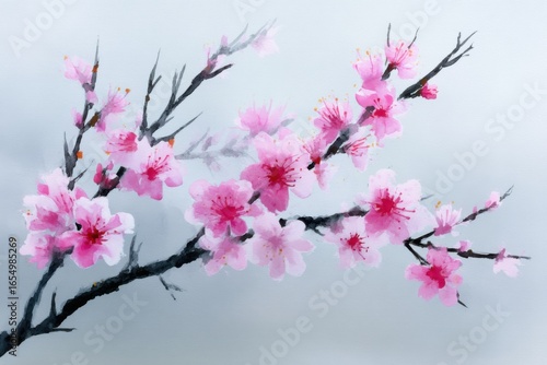 Watercolor Painting of Cherry Blossoms on Branch Close Up Artistic Style Elegant Springtime