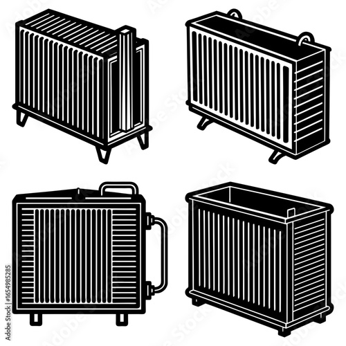 Four black and white illustrations of radiators with varying designs and perspectives displayed together nicely