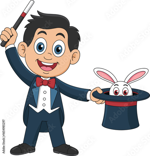 Cartoon magician character, magic trick with rabbit, happy illusionist, kids entertainment vector, magic show illustration, wand and hat, stage performer design