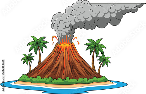 Cartoon volcano eruption, tropical island, lava explosion, smoke cloud, palm trees, natural disaster illustration, volcanic mountain vector, erupting landscape, geology concept art