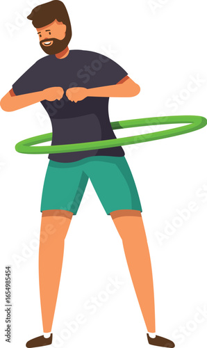 Man enjoys physical activity, rotating hula hoop around his waist, promoting healthy lifestyle and fitness