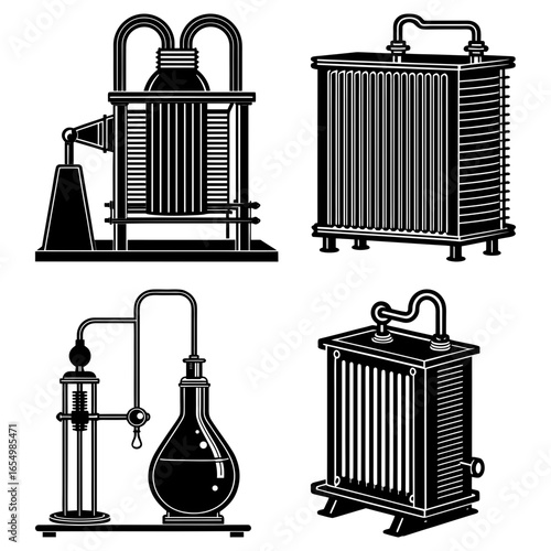 Illustration of four distinct chemical apparatuses in black and white with detailed structural designs