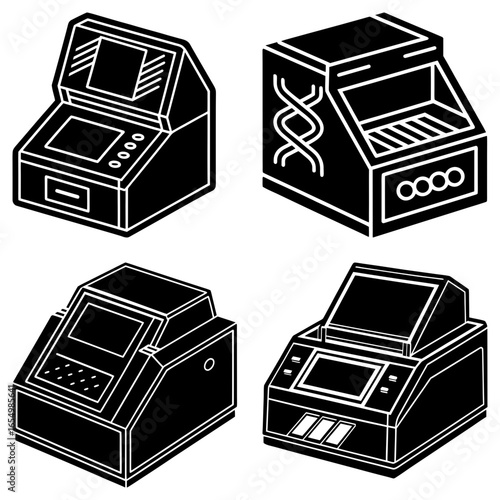 Four black and white illustrations of pcr thermal cyclers used in molecular biology research labs
