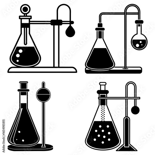 Illustration of four laboratory setups with flasks and stands in black and white style design drawing