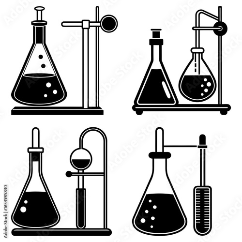 Illustrations of laboratory setups with flasks and stands in black and white science equipment experiments