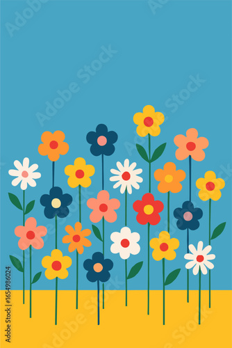 Flat vector illustration of colorful flowers blooming on a sunny meadow with blue sky background in simple minimal design.