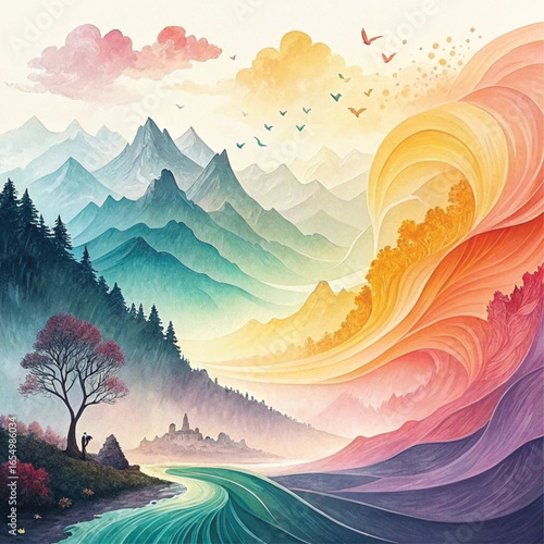Vibrant Fantasy Landscape with Mountains and Swirling Energy