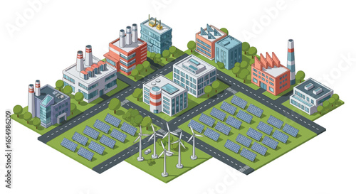 Isometric city with renewable energy sources and factories view