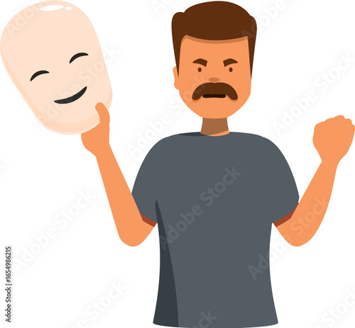 Man holding a happy mask hiding his true angry feelings