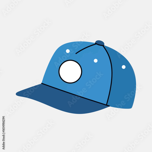 Blue baseball cap with a round white patch on a white background.