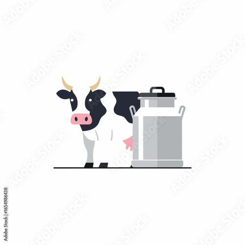 Cartoon cow stands next to a metal milk churn on a white background.