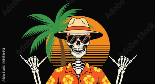 Skeleton chilling at the beach during a sunset party