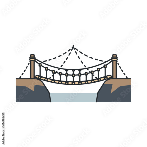 Suspension bridge spans a gap between cliffs over water in a cartoon style.