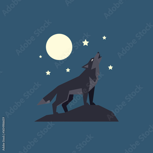 Wolf howls at the moon under a starry night sky on a hill.