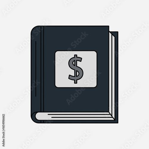 Dark book with dollar sign on cover against a white background.