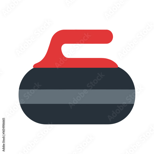 A curling stone with a red handle and gray band on a white background.