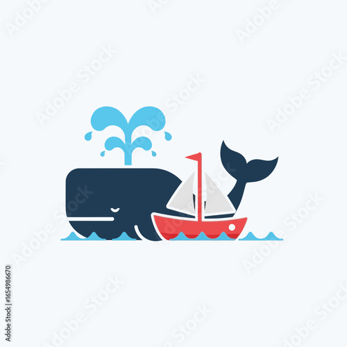Cartoon whale spouting water near a small sailboat on light blue waves.