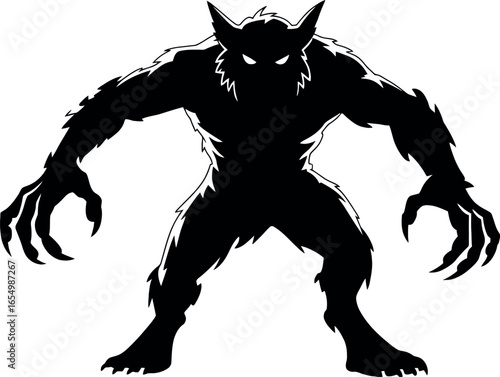 Silhouette of a werewolf standing with claws out and glowing eyes on a white background illustration