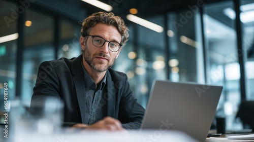 Serious businessman in a suit and glasses working at his laptop and looking at the camera in modern office. Calm middle aged employee sitting at a table in working space.