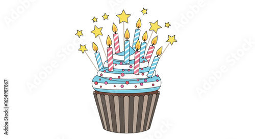 Celebrate birthday cupcake with candles and stars illustration