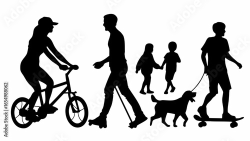 Silhouette image showing people engaged in outdoor activities such as biking skating and walking dog