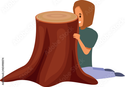 Forester examining a large tree stump, kneeling and hiding behind it