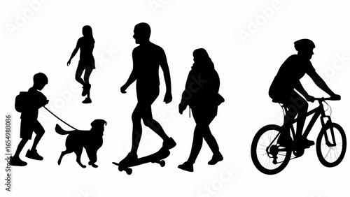 Silhouette of people engaging in different activities such as walking dog skateboarding riding bike and walking around